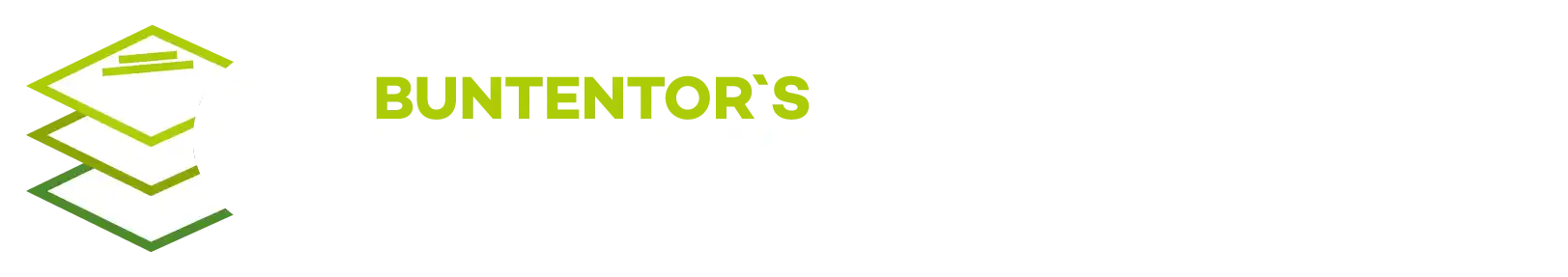 Auf der linken Seite sind vier grüne Rauten vertikal angeordnet, rechts steht in grünen Großbuchstaben das Wort "BUNTENTOR'S" auf weißem Hintergrund.