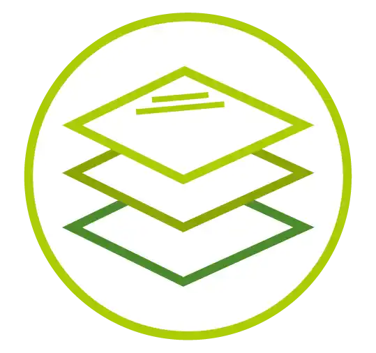 wolff_logo_glaserei Drei sich überschneidende Quadrate mit grünem Farbverlauf innerhalb eines kreisförmigen Rahmens, die auf Schichten oder Stapelung hindeuten.